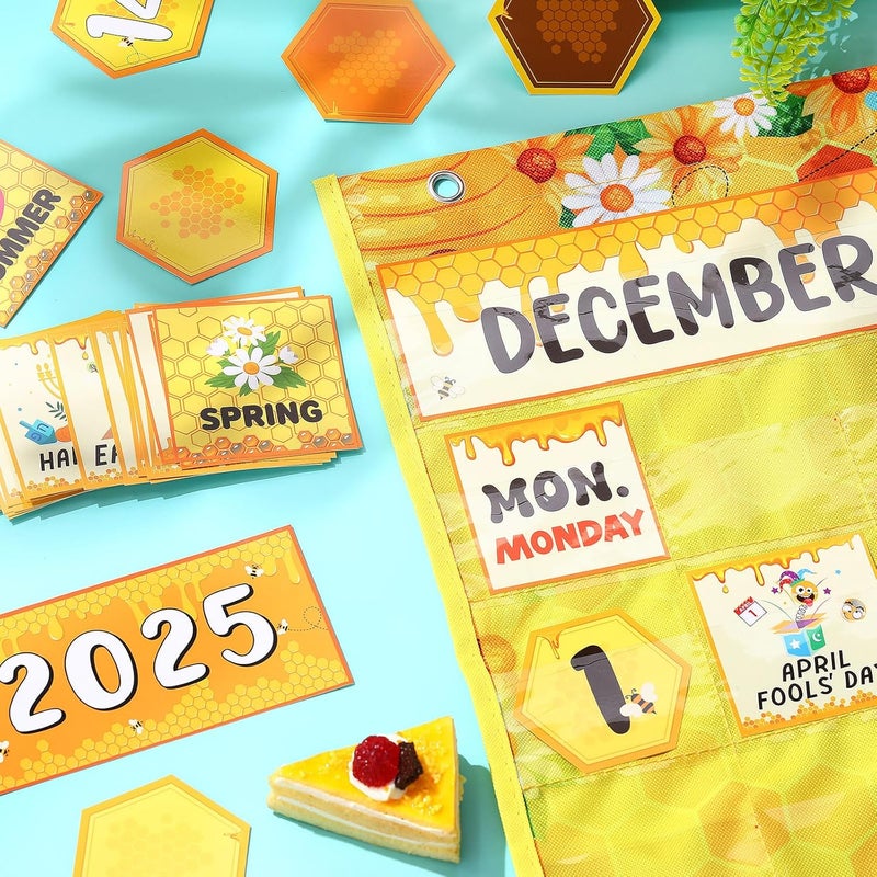 Sinload Classroom Calendar Pocket Chart Set Calendar Bulletin Board Set Seasons Festival Weather Pocket Chart for Classroom Decoration Back to School Supplies (Bee) - Image 5